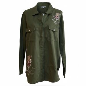 Long Sleeve Embroidered Button Down Women’s L Army Green